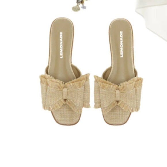 NEW | Lemonade Raffia Bow Summer Sandals Raffia Beach Slide Summer Flats - Picture 3 of 6